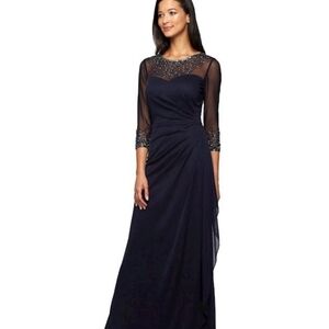 Sizev6 Navy Ruched And Draped Mesh Formal With Illusion Sleeves And Beading